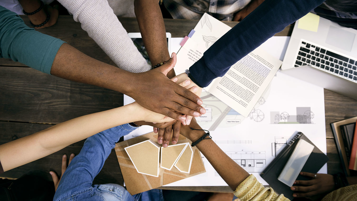 Hands of all skin tones meeting together