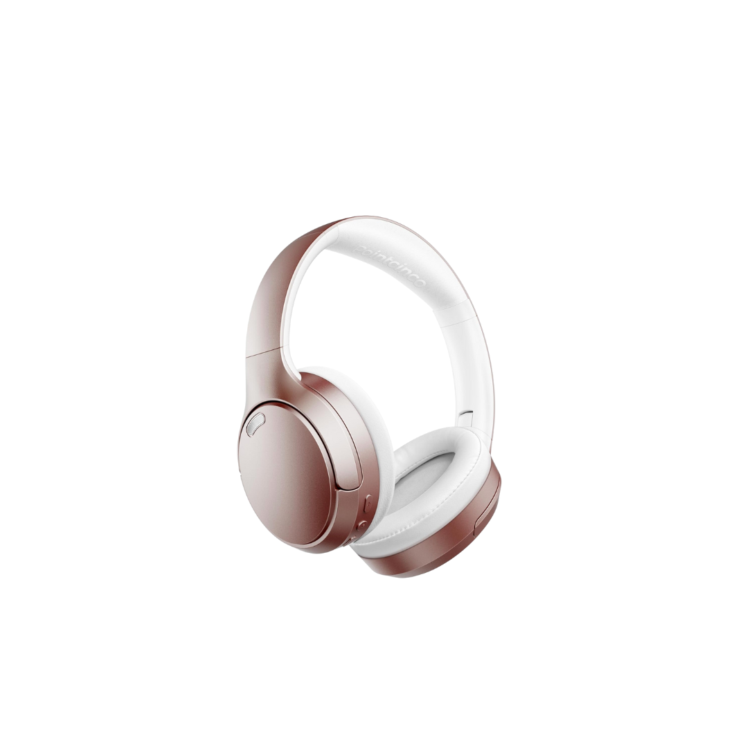 Rose gold wireless over-ear headphones with white cushioned ear pads and headband interior. Sleek, modern design on a white background.