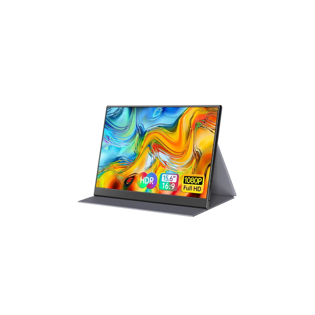 Portable monitor displaying vibrant abstract colors in blue, orange, and yellow. Labels indicate HDR, 15.6" size, 16:9 ratio, and 1080P Full HD resolution.