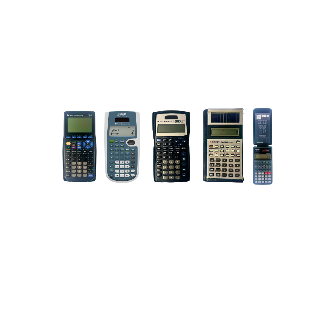 A row of five calculators of various styles and colors against a white background, ranging from scientific to basic solar-powered and pocket-sized models.