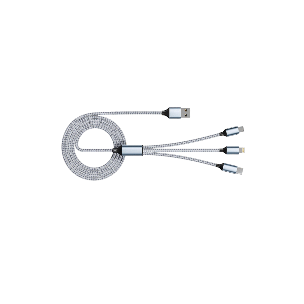 A braided, silver multi-charging cable with three different connectors, including USB-A, USB-C, and Lightning, extending from a coiled base.