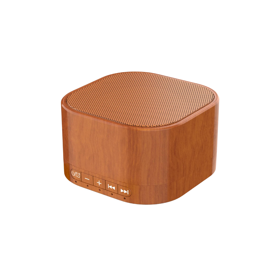 A compact wooden Bluetooth speaker with a smooth finish and rounded corners, featuring control buttons on its side. The warm tone conveys elegance and simplicity.