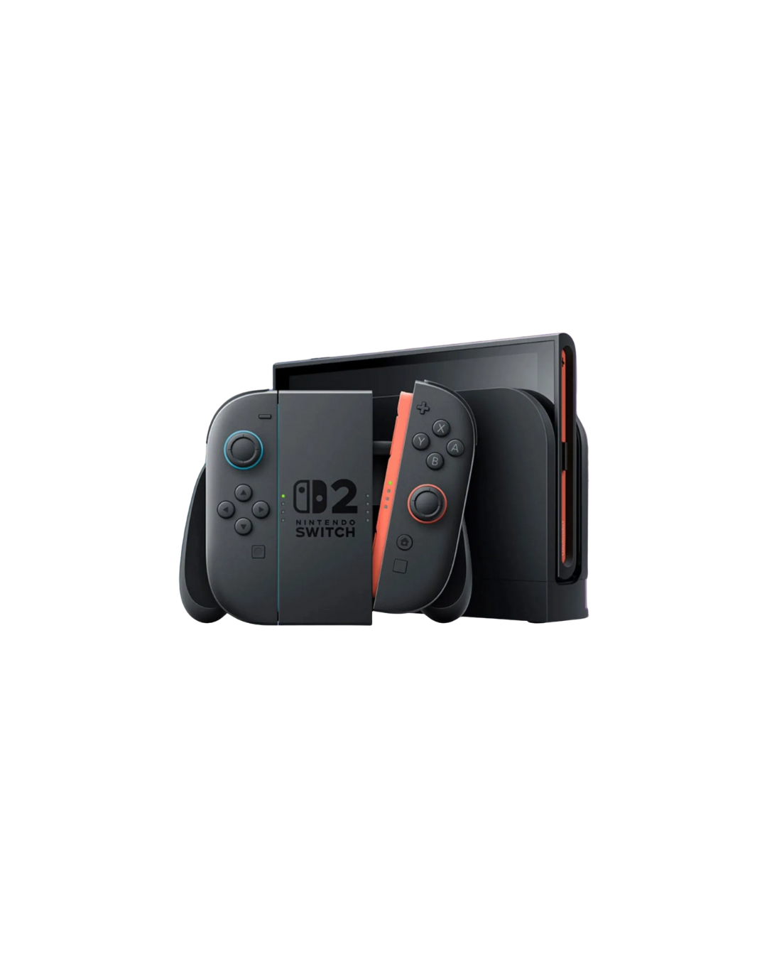 Nintendo Switch console with red and blue Joy-Con controllers is placed in its dock.