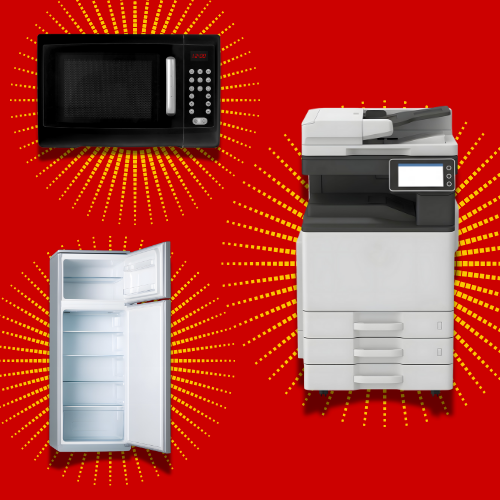 Black microwave, open mini-fridge, and office printer with touchscreen on a vibrant red background with yellow radial lines, creating a dynamic feel.
