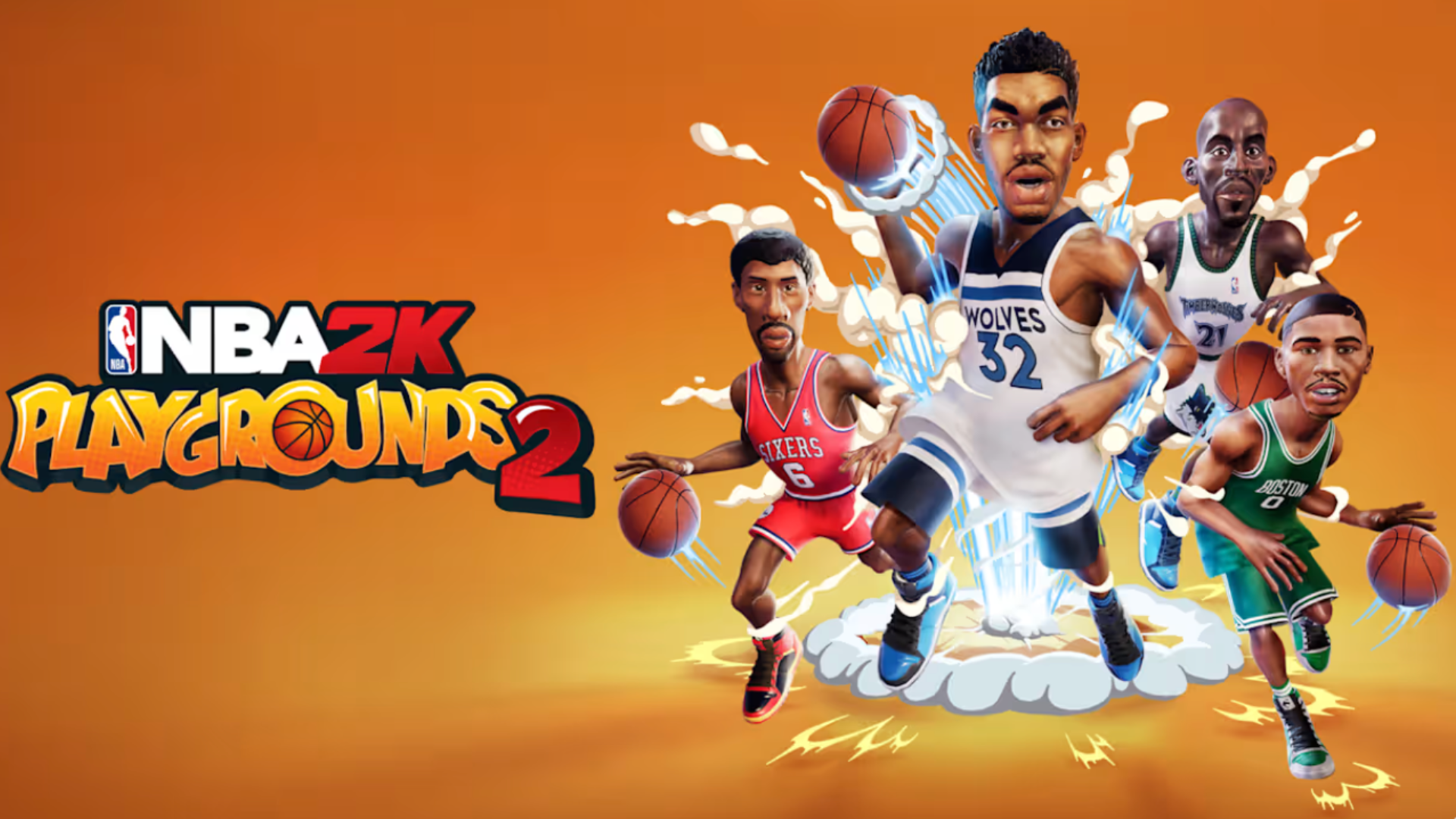 "Cartoon basketball players in action poses with glowing effects on an orange background, promoting NBA 2K Playgrounds 2 video game."