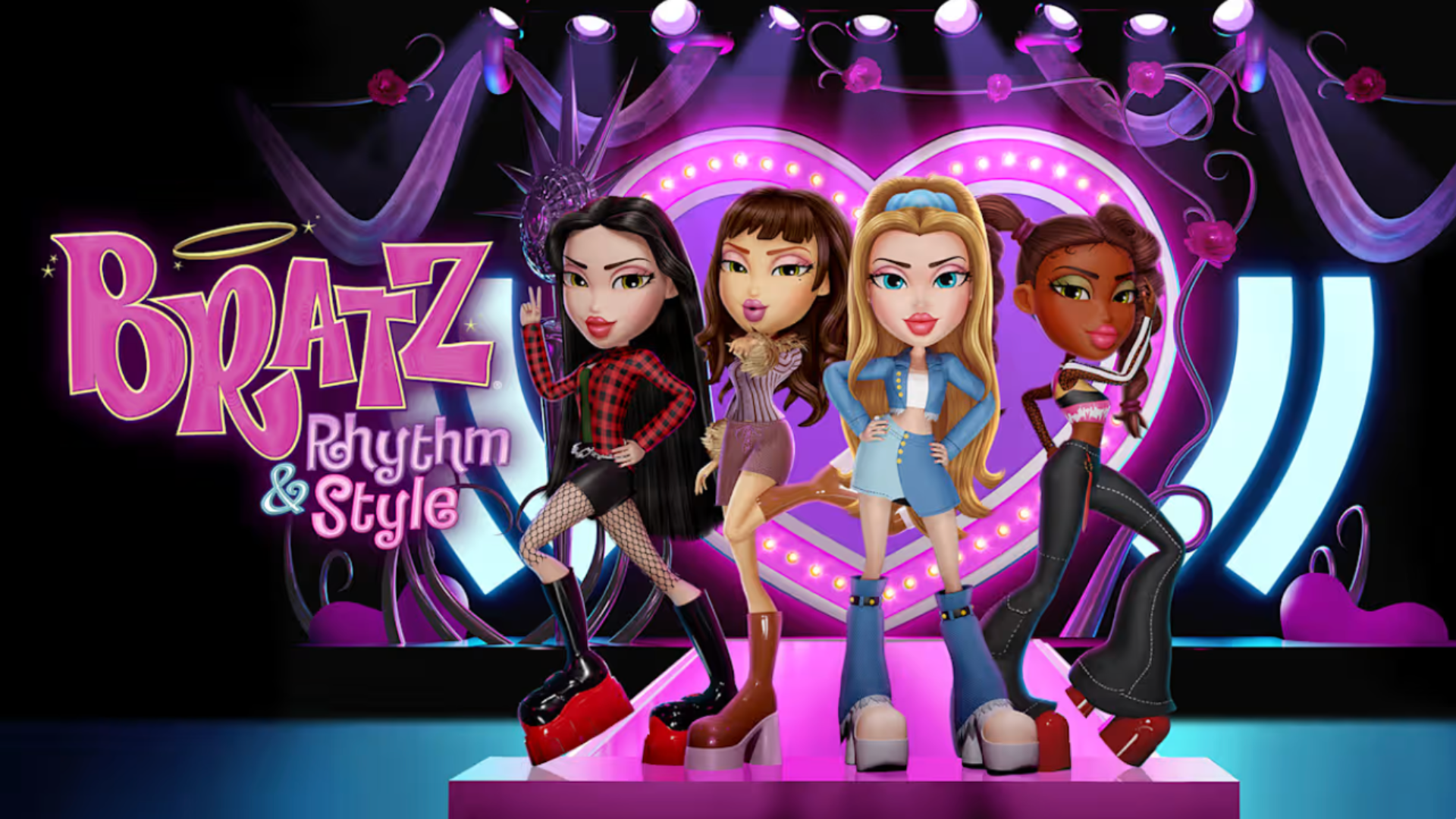 Four animated Bratz dolls stand in a confident pose on a colorful stage with heart and musical motifs. The scene feels vibrant and stylish.